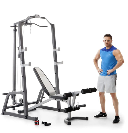 Pro Deluxe Cage System with Weightlifting Bench All-in-One Home Gym Equipment PM-5108,Black/Silver