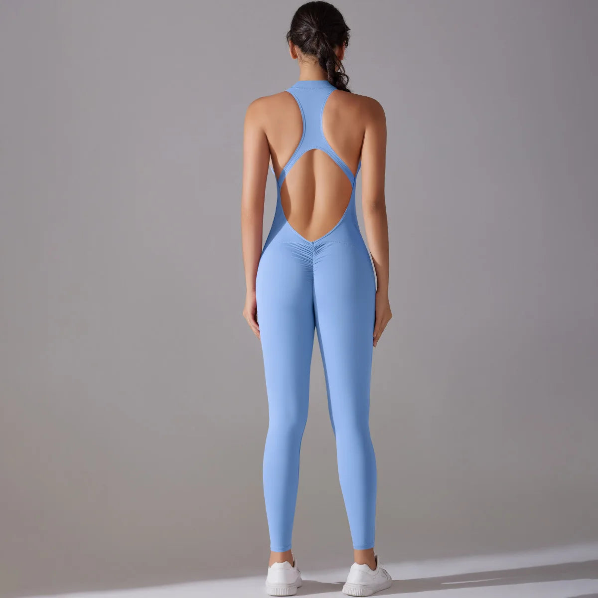 One Piece Zip Front Scrunch Bum Jumpsuit Women Open Back Activewear Onesie Sexy Yoga Set Workout Gym Romper Suit for Fitness