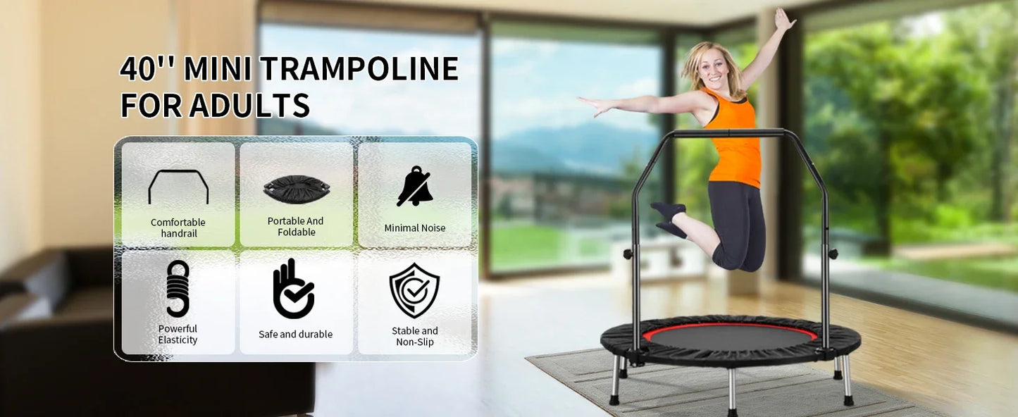 40" Mini Trampoline Rebounder Trampoline for Adults Indoor Outdoor Fitness Trampoline Foldable with Adjustable Handle Bar