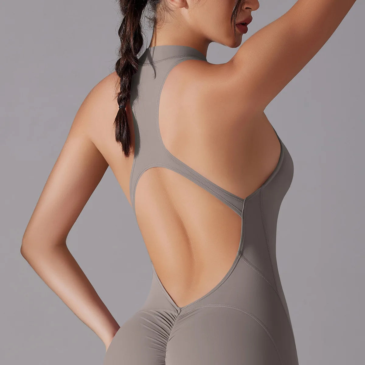 One Piece Zip Front Scrunch Bum Jumpsuit Women Open Back Activewear Onesie Sexy Yoga Set Workout Gym Romper Suit for Fitness