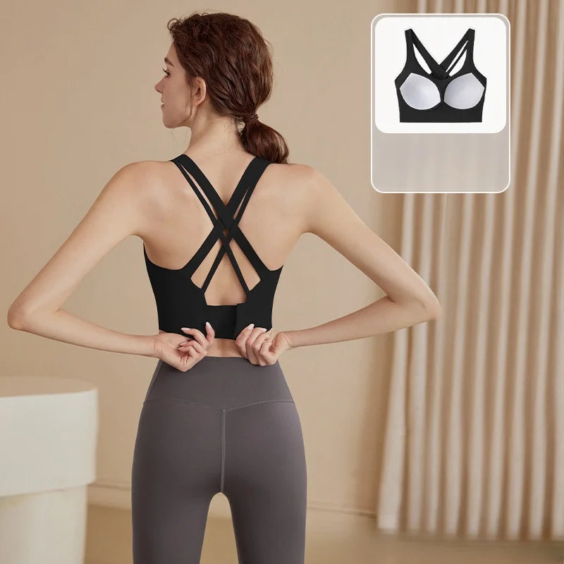 Energy Wide-Strap Longline Crisscross Strap Bra Fitness Gym Yoga Underwear Tight Crop Top Workout Sport Outfit Woman Clothing