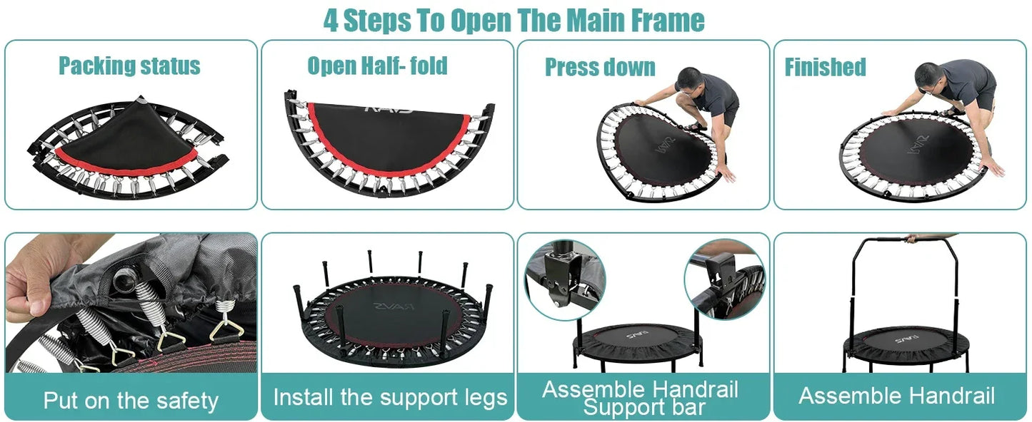 Mini Trampoline for Kids Adults 40"/48" Foldable Fitness Rebounder Kids Trampoline with 5 Levels Height Adjustable Handle R