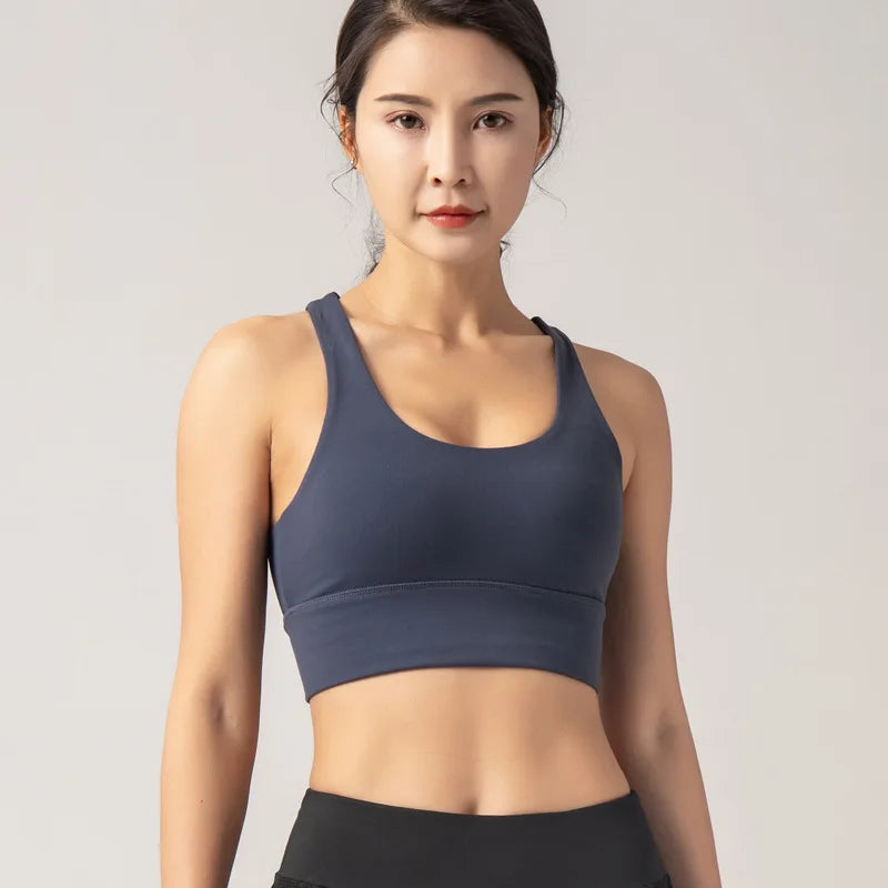 Energy Wide-Strap Longline Crisscross Strap Bra Fitness Gym Yoga Underwear Tight Crop Top Workout Sport Outfit Woman Clothing