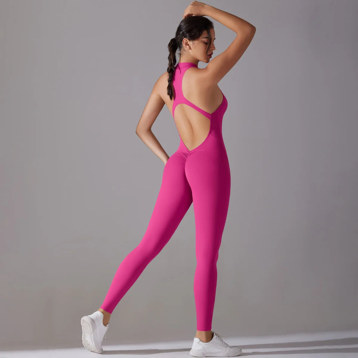 One Piece Zip Front Scrunch Bum Jumpsuit Women Open Back Activewear Onesie Sexy Yoga Set Workout Gym Romper Suit for Fitness