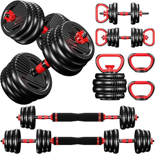 4-in-1 Adjustable Weight Dumbbell Set - Premium Home Gym Equipment with Dumbbell, Barbell, Kettlebell, Push-Up Modes - Ergonomic