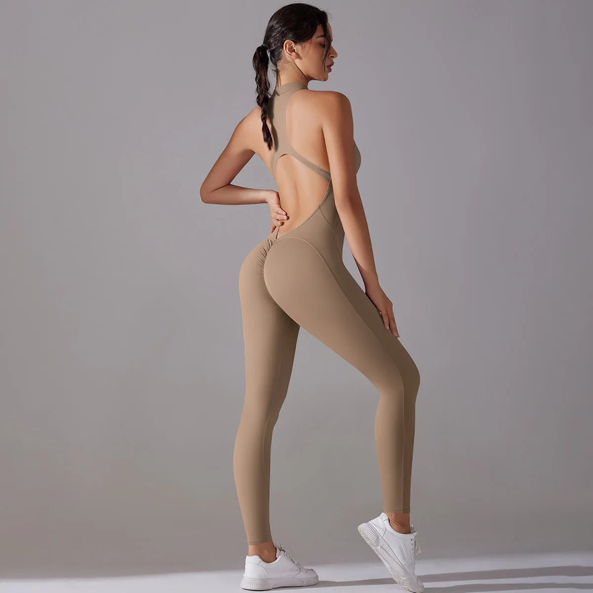 One Piece Zip Front Scrunch Bum Jumpsuit Women Open Back Activewear Onesie Sexy Yoga Set Workout Gym Romper Suit for Fitness