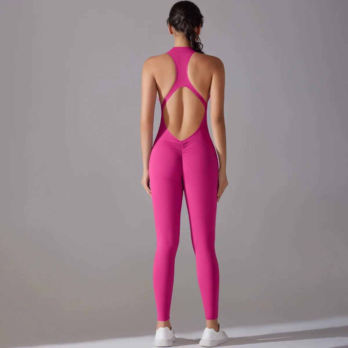 One Piece Zip Front Scrunch Bum Jumpsuit Women Open Back Activewear Onesie Sexy Yoga Set Workout Gym Romper Suit for Fitness