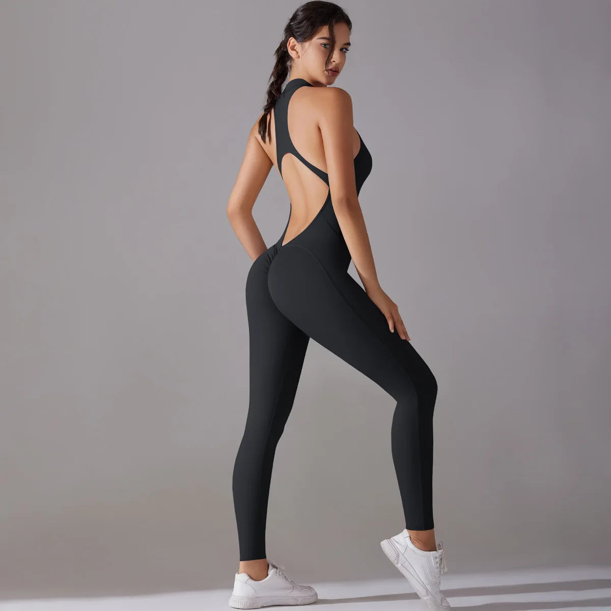 One Piece Zip Front Scrunch Bum Jumpsuit Women Open Back Activewear Onesie Sexy Yoga Set Workout Gym Romper Suit for Fitness