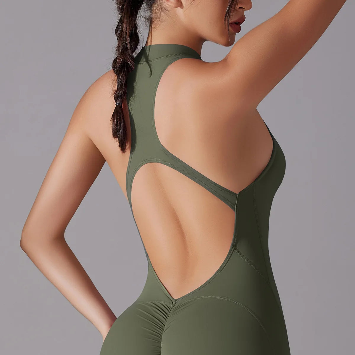 One Piece Zip Front Scrunch Bum Jumpsuit Women Open Back Activewear Onesie Sexy Yoga Set Workout Gym Romper Suit for Fitness