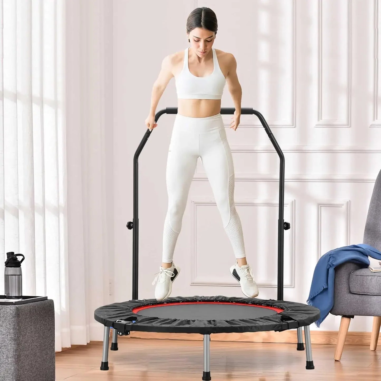 40" Mini Trampoline Rebounder Trampoline for Adults Indoor Outdoor Fitness Trampoline Foldable with Adjustable Handle Bar