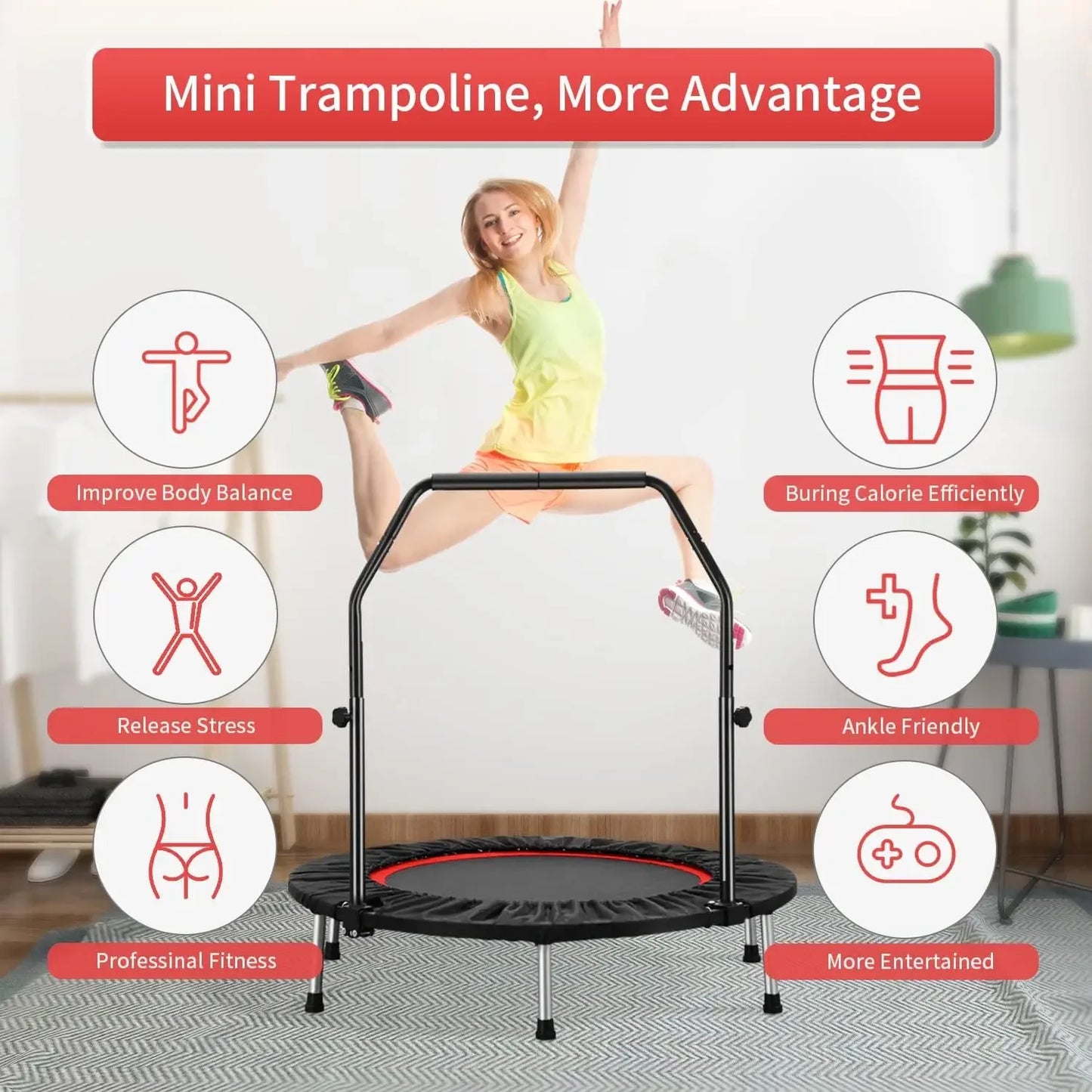 40" Mini Trampoline Rebounder Trampoline for Adults Indoor Outdoor Fitness Trampoline Foldable with Adjustable Handle Bar